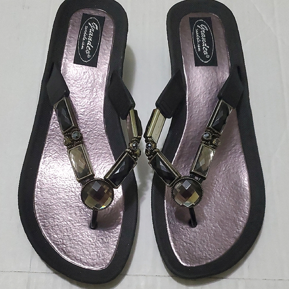 Grandco Black Silver Embellished Faux Stones Wedge Beach Summer Thong Sandals 9